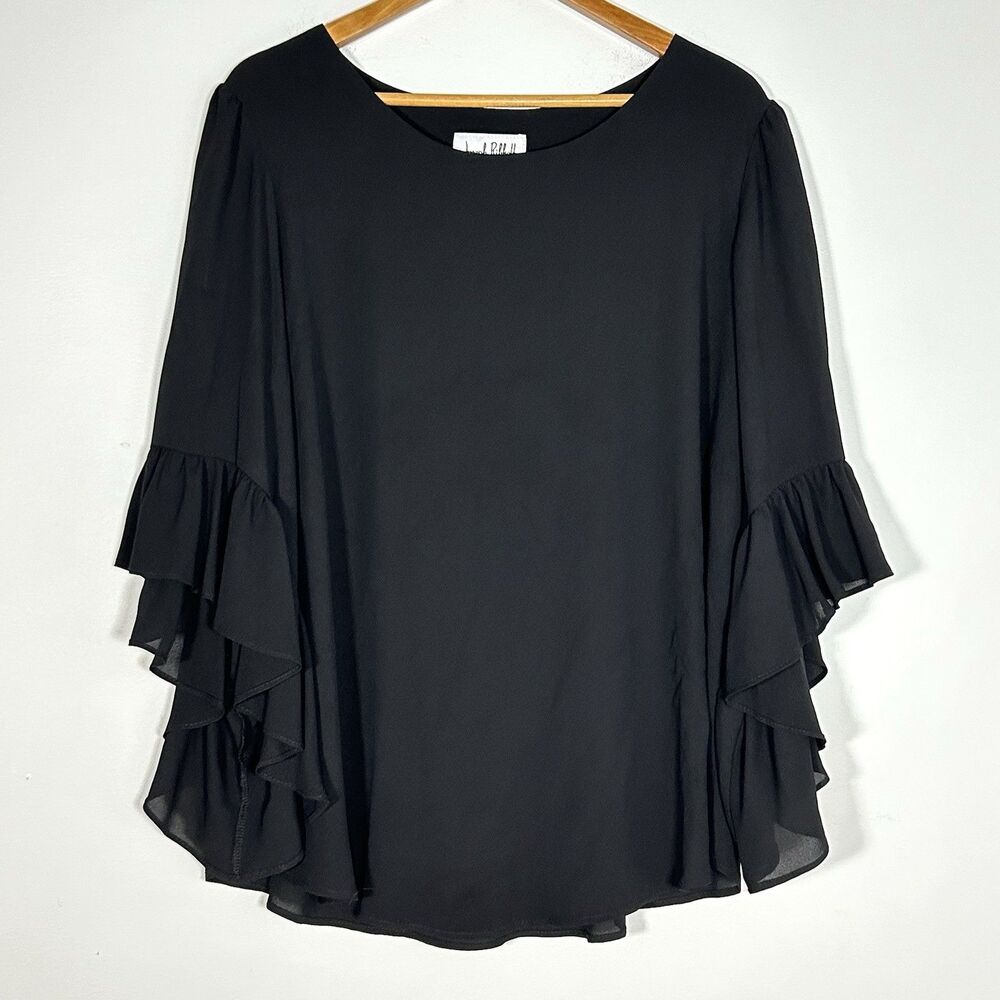 Joseph Ribkoff Black Ruffle Bell Sleeve Blouse Women’s Size 14 Dressy Top